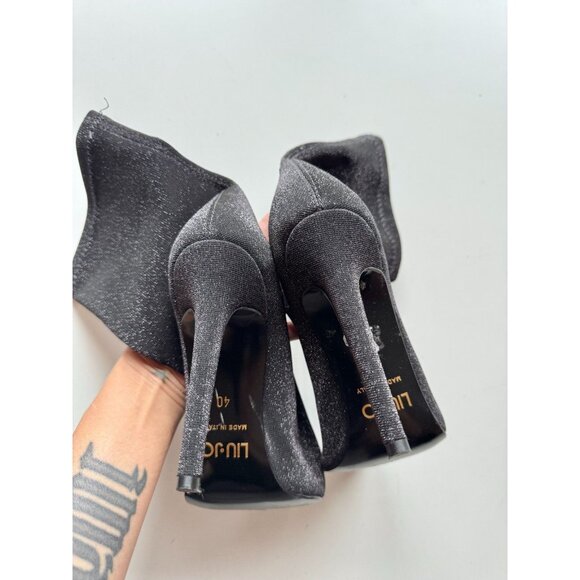 LIU JO Metallic Black Stretch Knit Mid Calf Pointed Toe Sock Boots, Size 40 - Picture 9 of 12